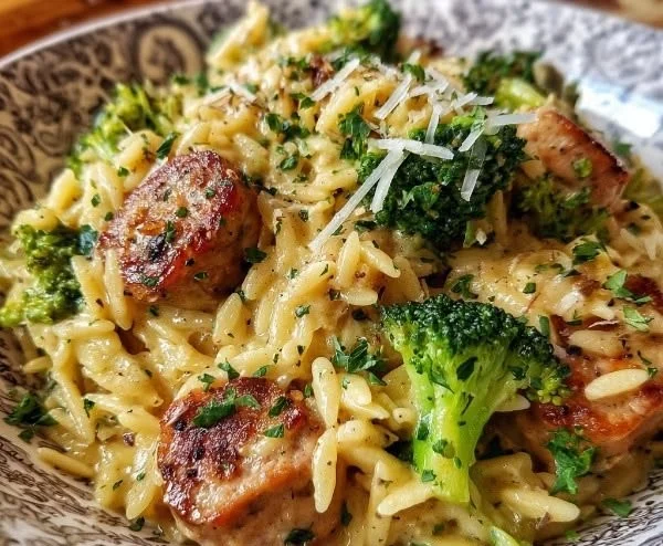 Creamy one-pot chicken sausage and broccoli orzo dish served in a bowl