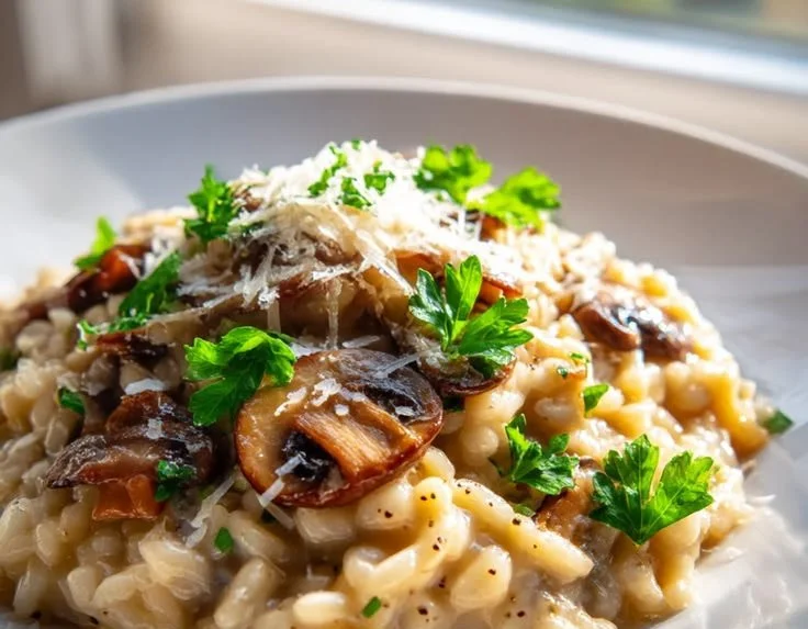 Creamy Parmesan Mushroom Risotto cooked on the stovetop with fresh mushrooms