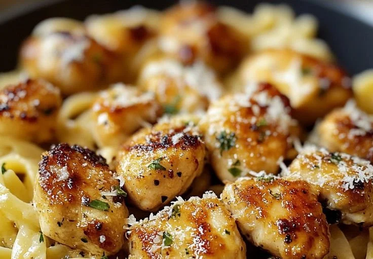 Creamy Parmesan pasta topped with garlic butter chicken bites in a serving bowl.