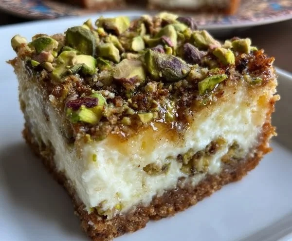Creamy pistachio yogurt bars with nuts and yogurt on a white plate