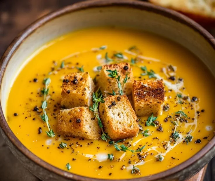 Bowl of creamy roasted butternut squash soup garnished with herbs