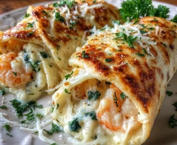 Creamy shrimp alfredo rolls topped with melted cheese, ready to serve.