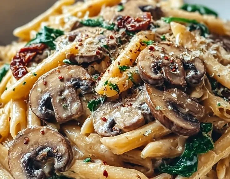 Delicious creamy Tuscan mushroom pasta skillet with fresh ingredients