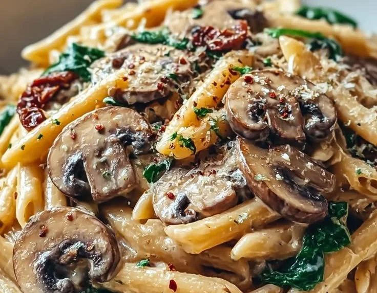Creamy Tuscan mushroom pasta skillet garnished with herbs