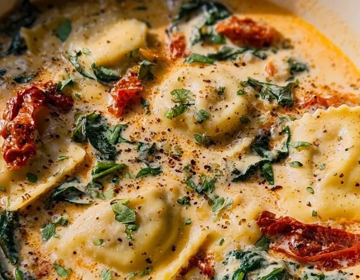 Bowl of creamy Tuscan Ravioli Soup garnished with fresh herbs