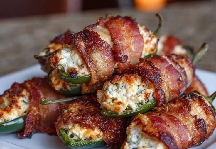 Crispy bacon-wrapped jalapeño popper bites on a plate