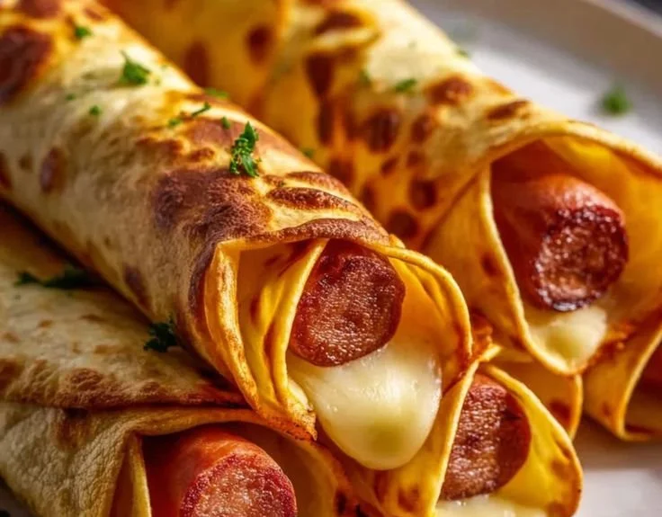 Crispy baked beef hot dogs wrapped in tortillas served on a plate