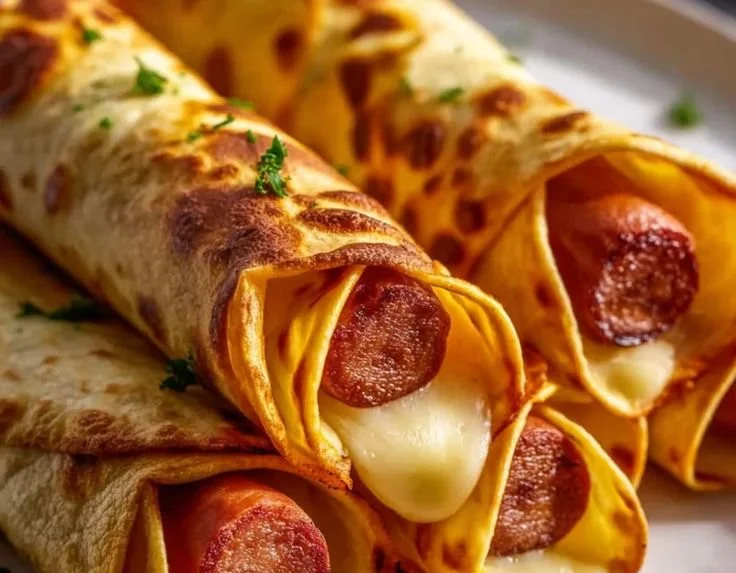 Crispy baked beef hot dogs wrapped in tortillas, golden and delicious