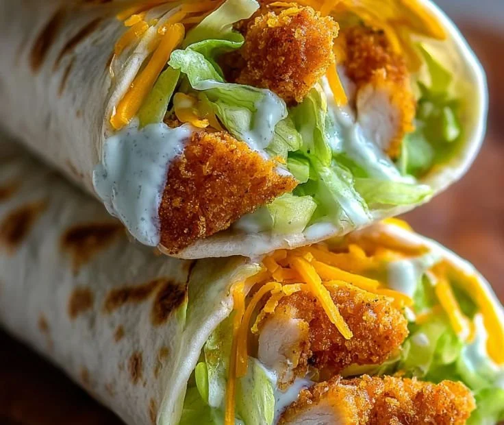 Crispy chicken ranch wrap filled with fresh ingredients and served on a plate.