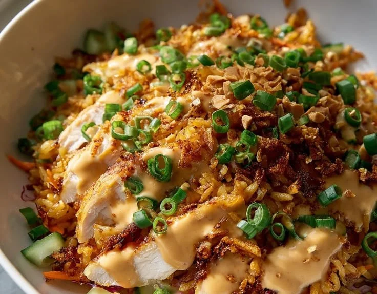 Crispy chicken rice salad topped with peanut dressing and fresh vegetables