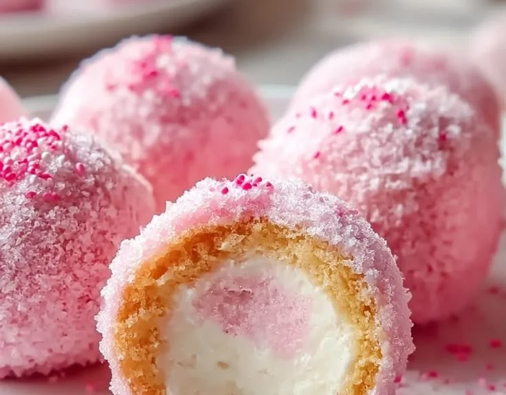 Crispy cotton candy cheesecake bombs garnished with colorful cotton candy.
