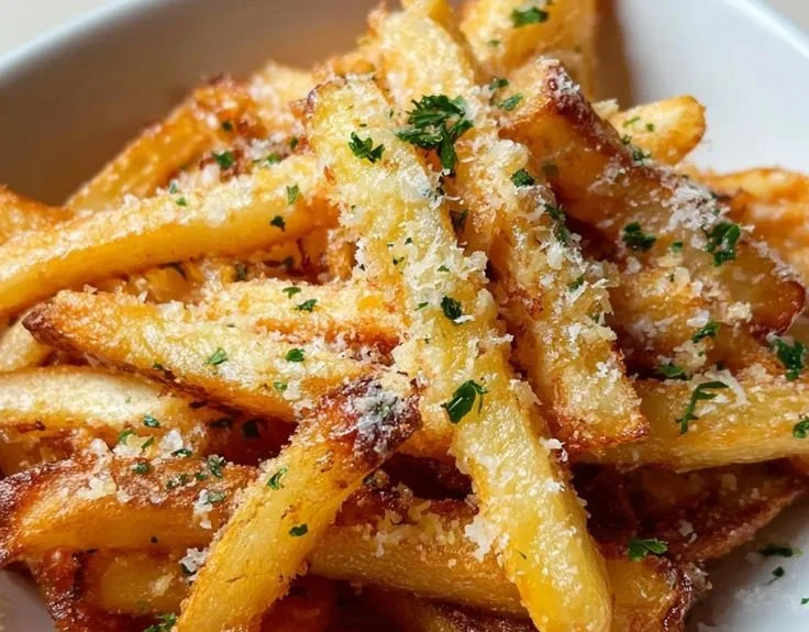 Plate of crispy garlic parmesan fries garnished with herbs