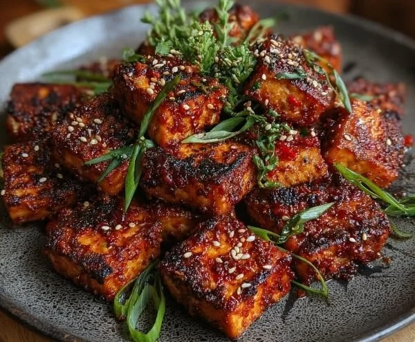Plate of crispy gochujang Korean tofu garnished with vegetables