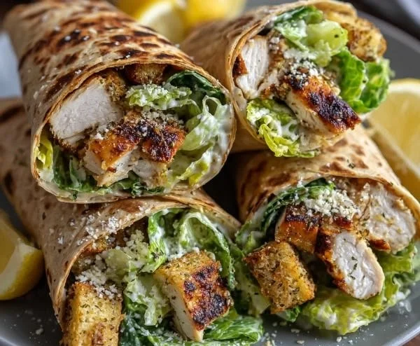 Crispy grilled lemon herb chicken caesar wraps cut in half and garnished with lettuce.