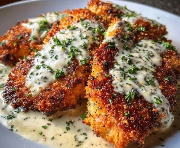 Crispy Herb-Crusted Chicken Romano with Tangy Parmesan Cream Sauce served on a plate