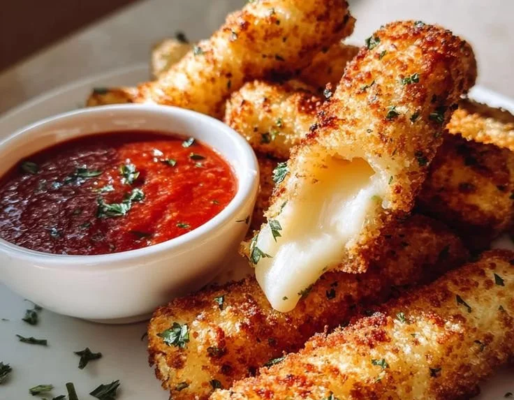 Crispy homemade mozzarella sticks, golden brown and ready to serve