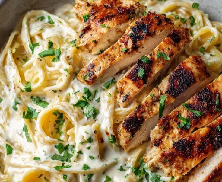 Crispy lemon garlic chicken served over spaghetti garnished with fresh herbs.