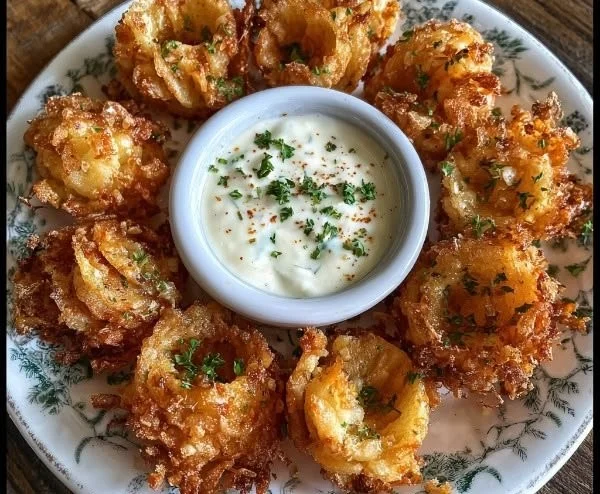 Crispy mini bloomin' onions accompanied by a creamy ranch dip