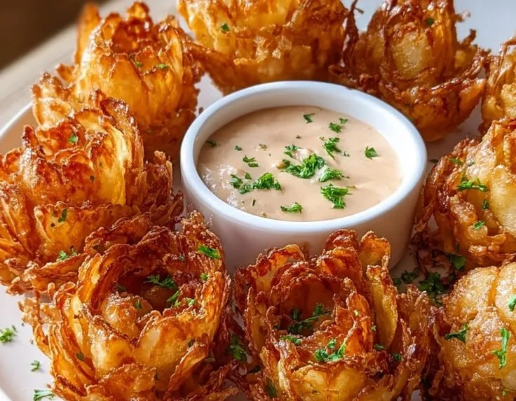 Crispy mini blooming onions cooked in an air fryer, perfect for appetizers.
