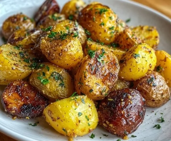 Crispy Mustard Roasted Potatoes served on a plate.