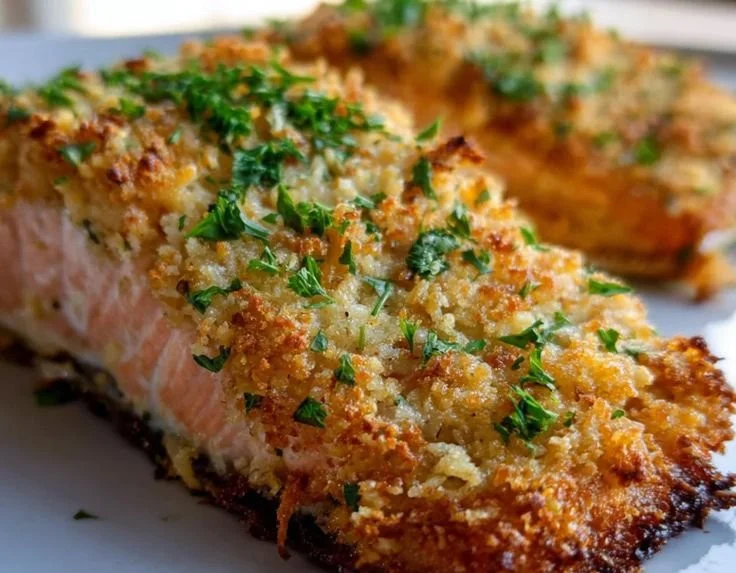 Crispy Parmesan crusted baked salmon served with fresh herbs and lemon slices.