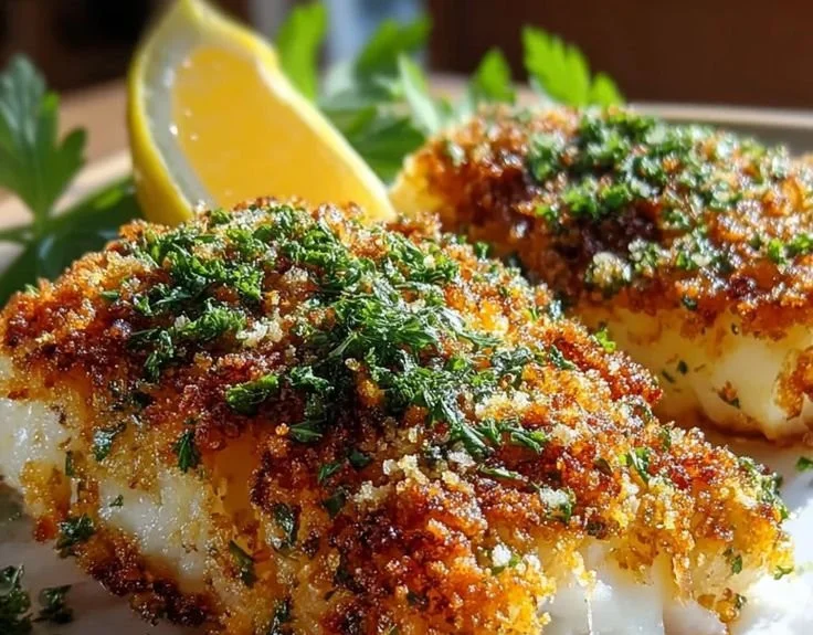 Air fryer crispy Parmesan crusted cod filet on a plate
