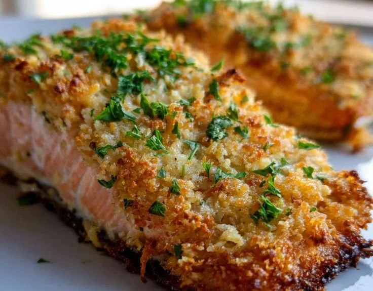 Crispy Parmesan-Crusted Salmon fillet served on a plate with lemon and herbs