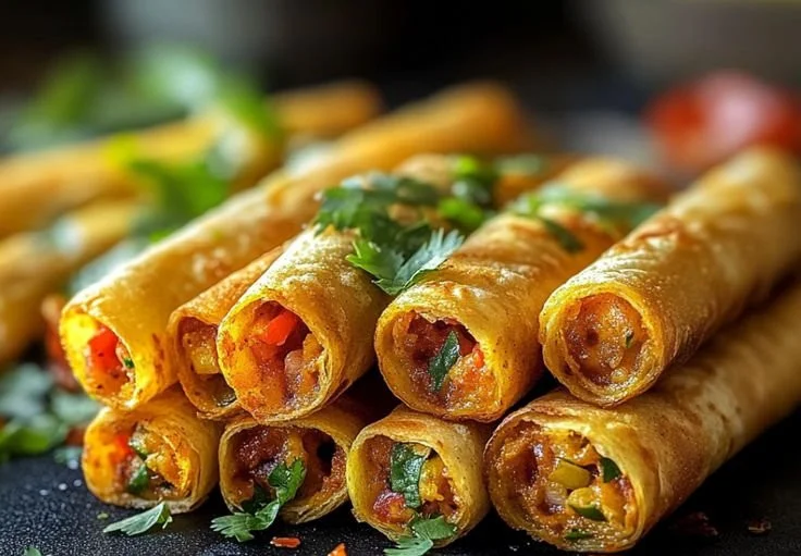 Crispy plant-based taquitos served on a plate with fresh salsa and avocado.