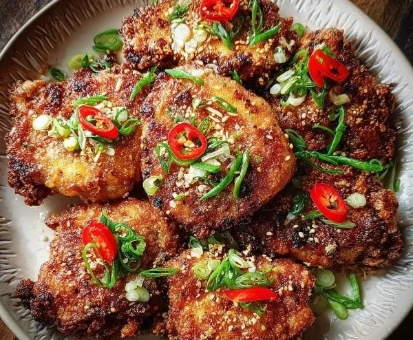 Plate of crispy salt and pepper chicken garnished with herbs