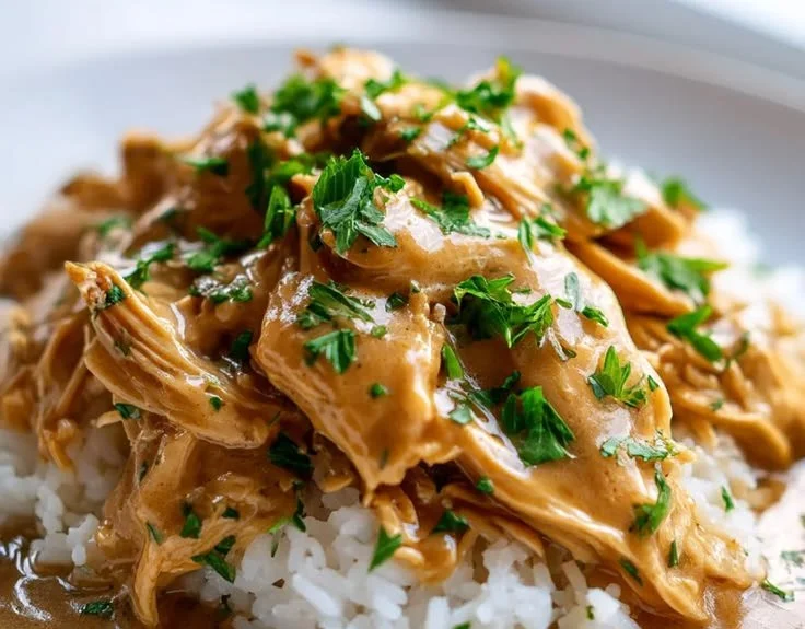 Crockpot chicken and gravy served with mashed potatoes.