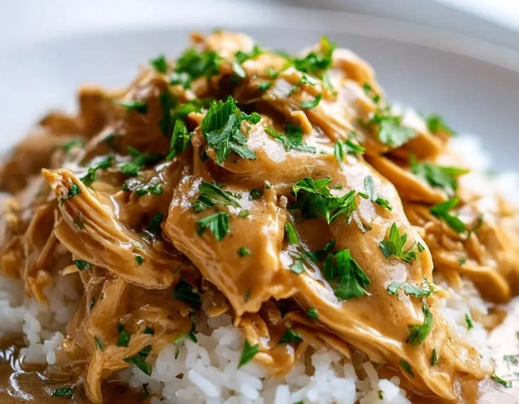 Delicious crockpot chicken served with rich homemade gravy