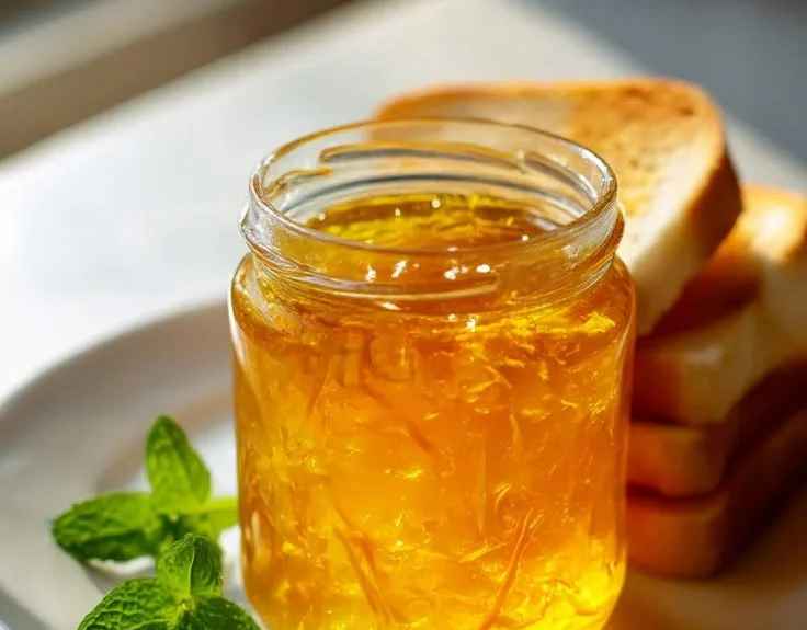 Homemade dandelion jelly jar with zesty orange flavor