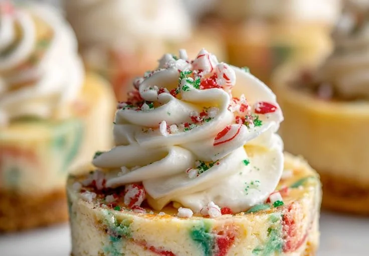 No-bake Christmas mini cheesecakes decorated with festive toppings