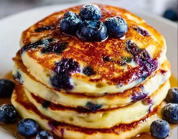 Delicious homemade blueberry pancakes stacked on a plate.