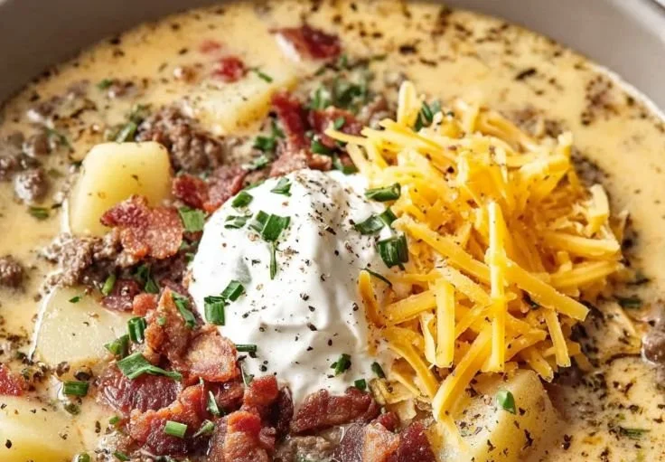 Bowl of easy cheeseburger soup garnished with cheese and herbs