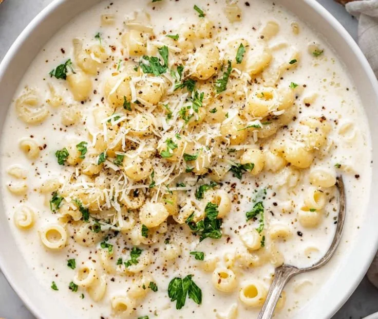 Bowl of creamy garlic parmesan soup garnished with herbs
