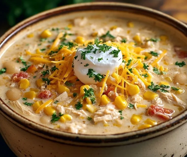 Bowl of easy crockpot white chicken chili with toppings