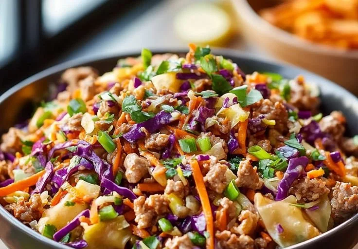 Delicious eggroll bowl with veggies and protein, served in a bowl.