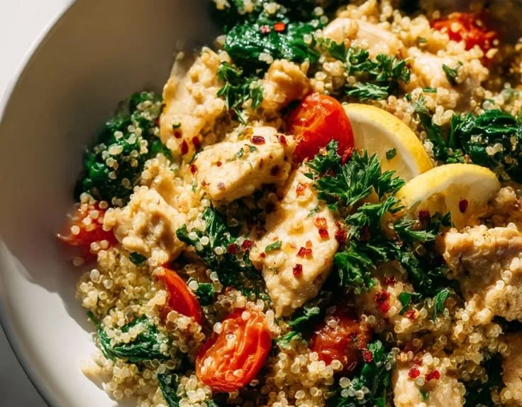 Easy garlic lemon chicken quinoa dish, garnished with herbs and lemon slices.