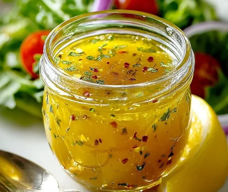 Bowl of easy lemon vinaigrette prepared with fresh ingredients.