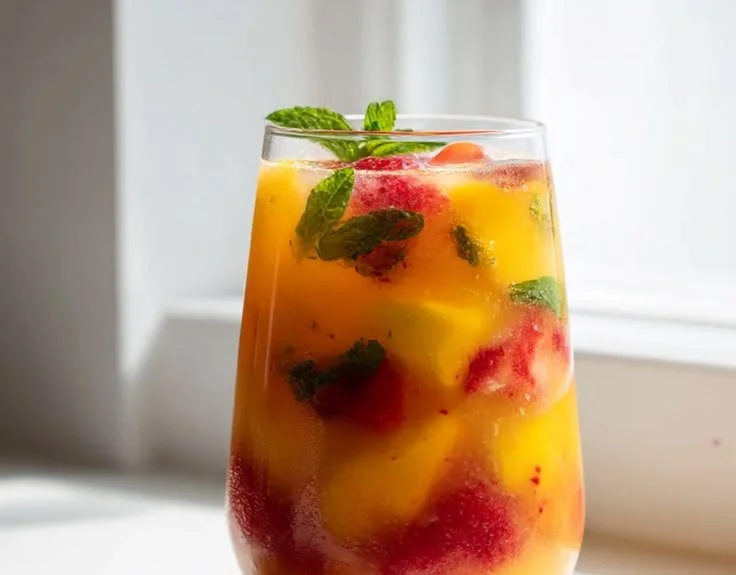 A glass of mango strawberry agua fresca served with fresh fruit slices.