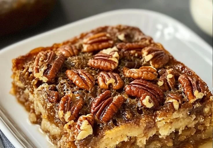 Slice of easy pecan pie dump cake with pecans on top