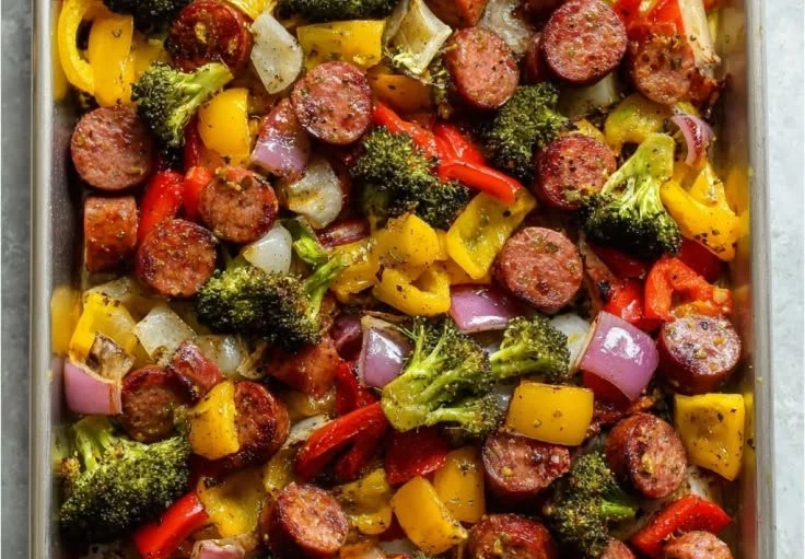 Sheet pan sausage and veggies ready to serve for a quick dinner.