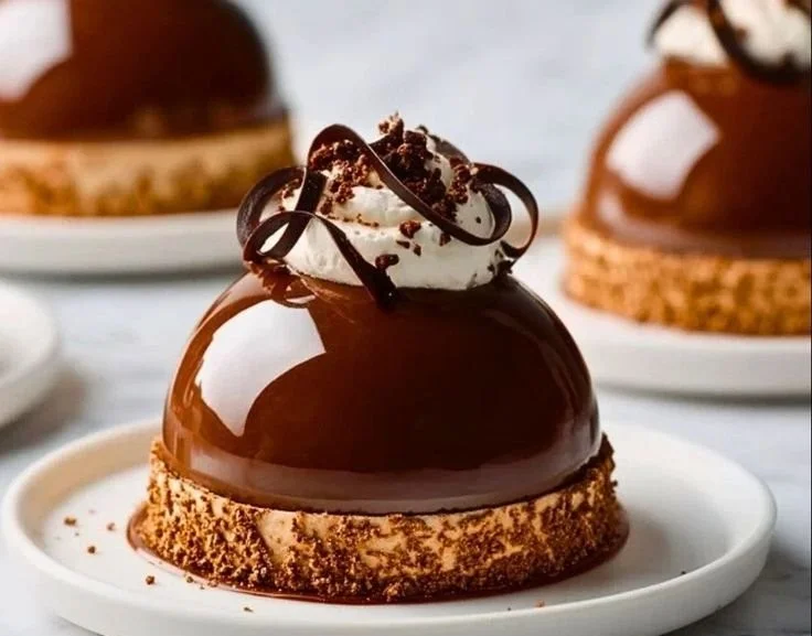 Elegant chocolate mascarpone dome dessert on a white plate