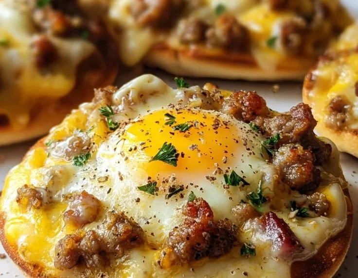 Delicious English Muffin Breakfast Pizza topped with eggs and cheese