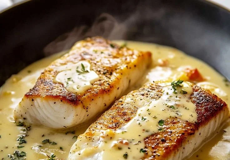 Delicious fish served with a rich white wine sauce for a gourmet meal