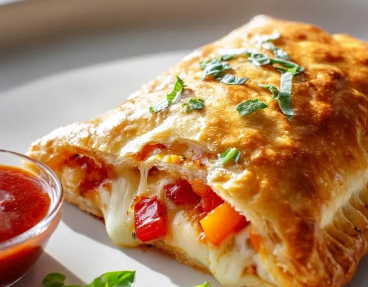 Flaky puff pastry pizza hot pockets ready to be served as a delicious snack