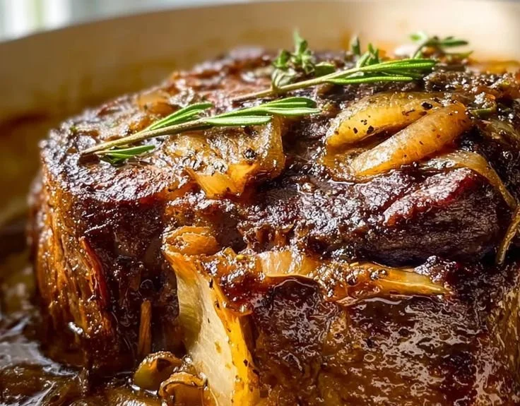 French Onion Pot Roast served with caramelized onions and herbs