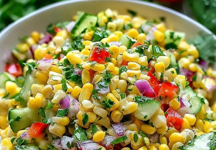 Fresh corn salad with bell peppers and zesty lime dressing in a bowl