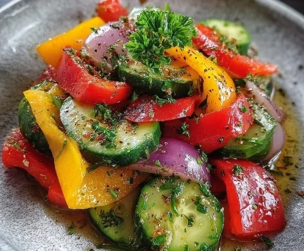 Fresh cucumber and sweet pepper salad served in a bowl, garnished with herbs.